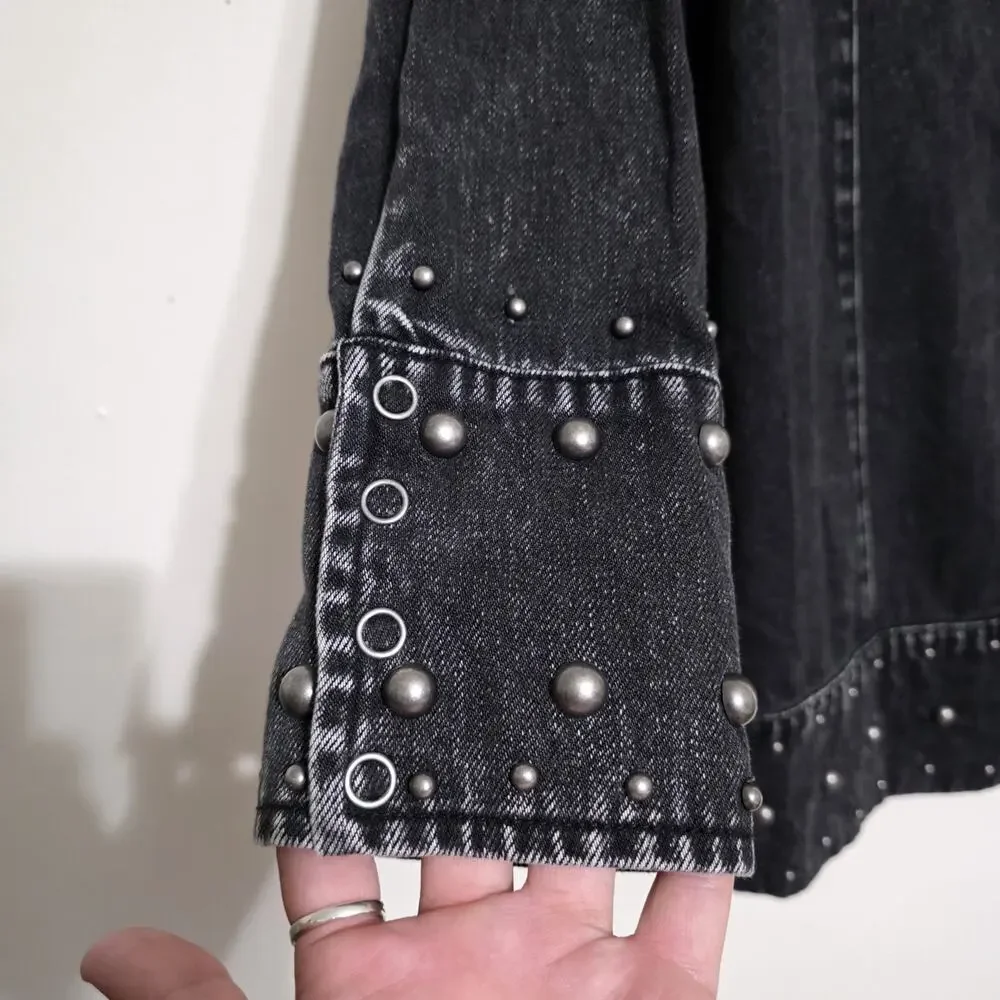 Free People Black Studded Denim Bennet Mini Dress Size M Jacket Grunge Goth Boho